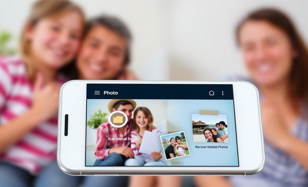 A mobile phone displaying the Photo Recovery app interface for retrieving deleted images.
