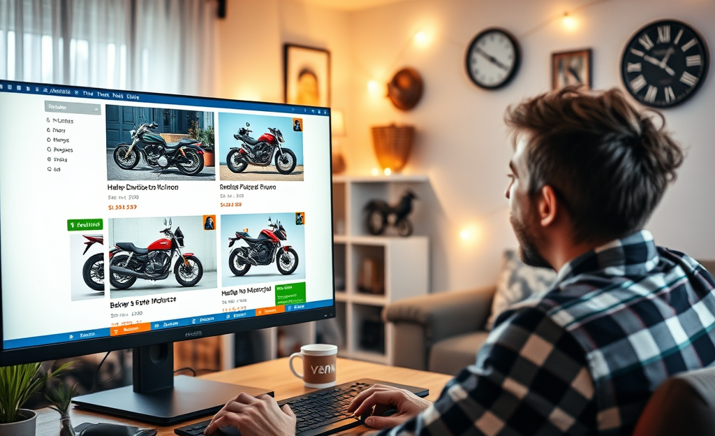 A selection of affordable motorcycles available for online auction, showcasing various models and colors.