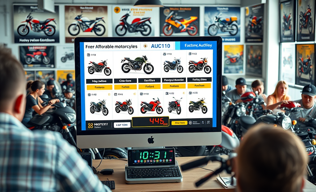 A selection of affordable motorcycles available at online auctions showcasing different models and brands.