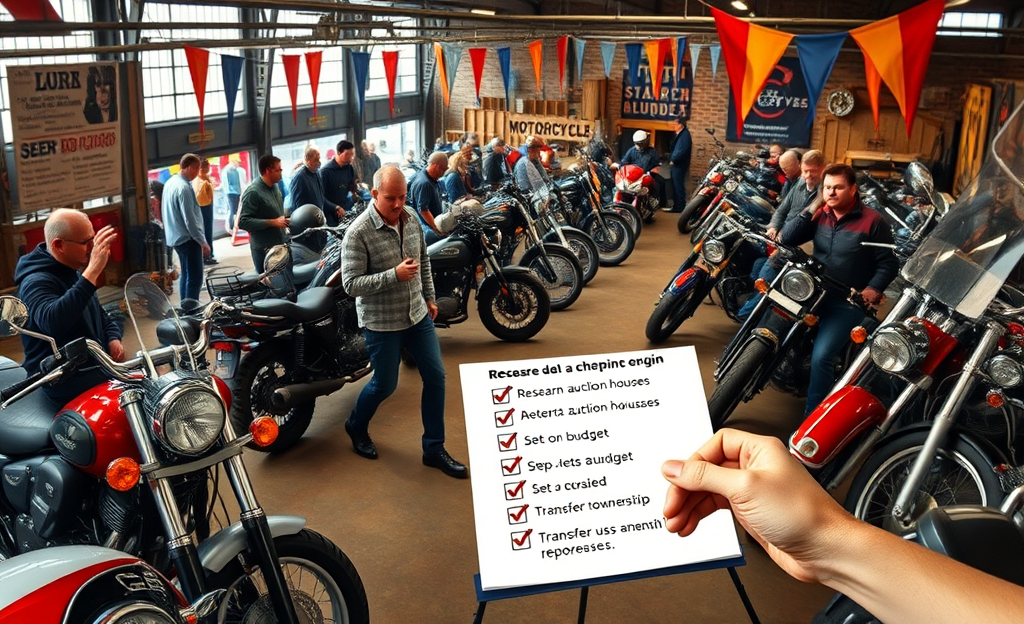 A guide to buying motorcycles at auctions, featuring tips on research, bidding, and finalizing purchases.