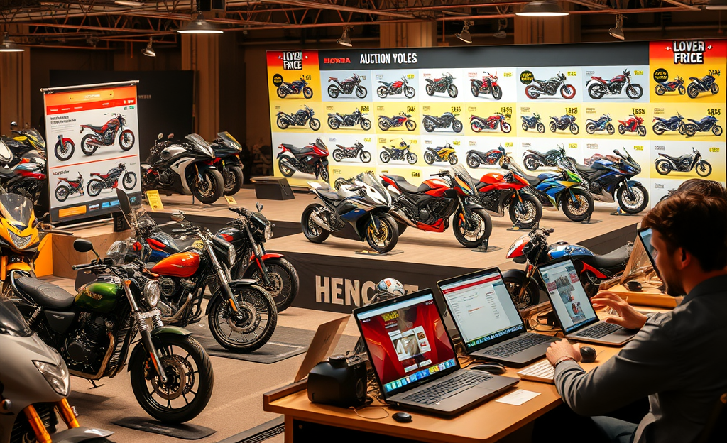 A collection of motorcycles available at auction with low prices.