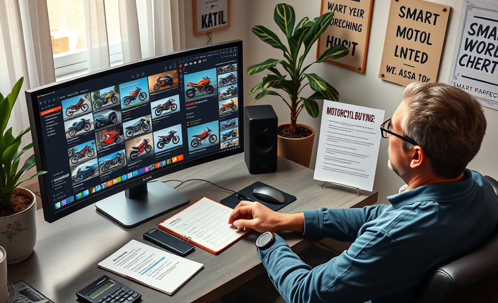 A person inspecting a motorcycle at an online auction site, searching for budget-friendly deals.