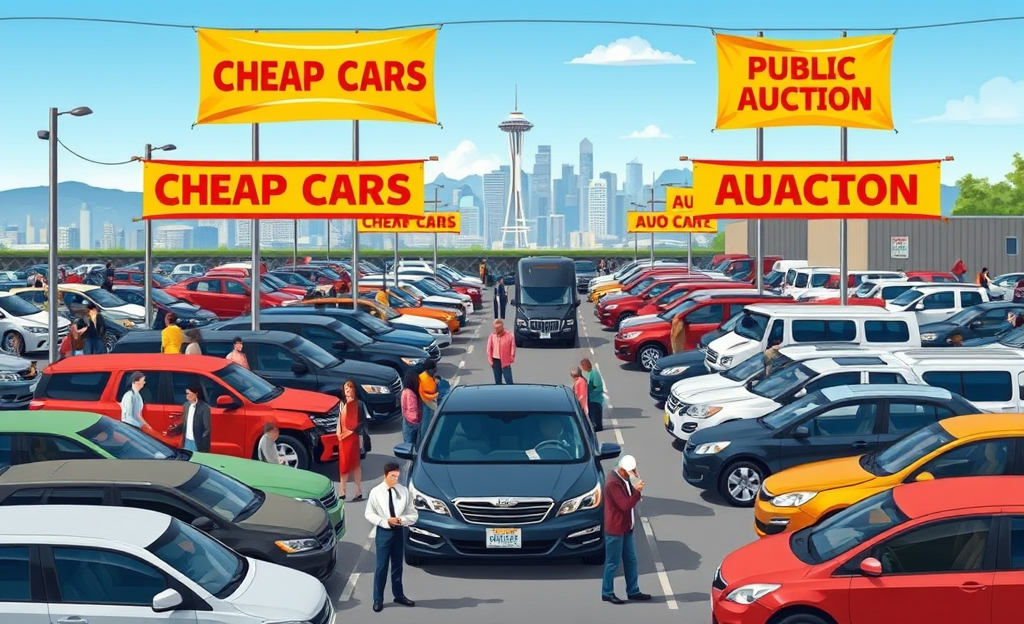 A selection of cheap cars available at an auction, showcasing various models and conditions for budget buyers.