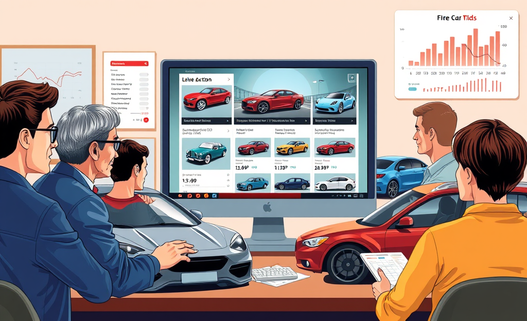 A person examining a car at an online auction site, representing the process of buying cars at internet auctions.