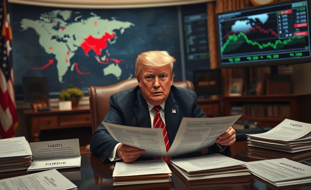 Donald Trump announcing trade tariffs during an economic emergency, causing confusion in international trade.