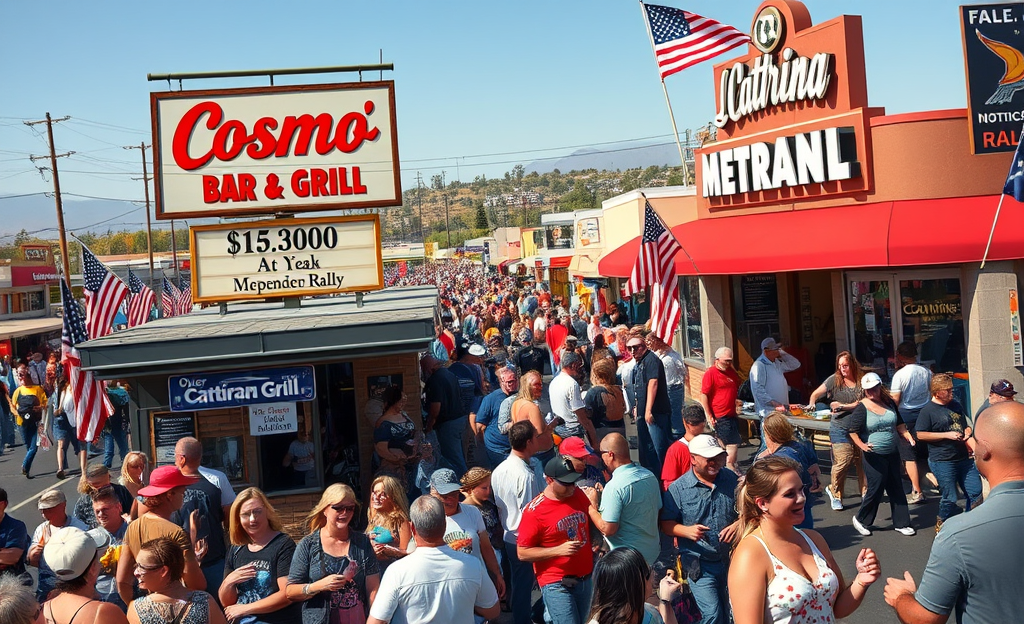 A vibrant scene from the Independence Rally, showcasing large crowds and bustling local businesses that benefited from the event.