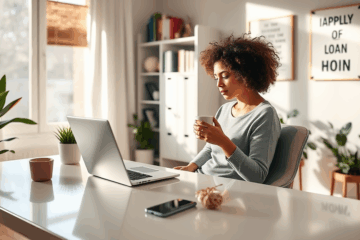 Person comfortably applying for a loan from home using a laptop.