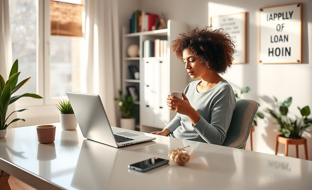 Person comfortably applying for a loan from home using a laptop.