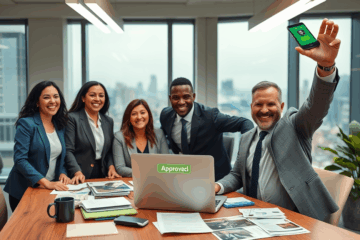 A person receiving instant loan approval online with a laptop.