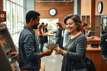 An illustration showing the concept of money being available on the same day through advanced banking technologies.