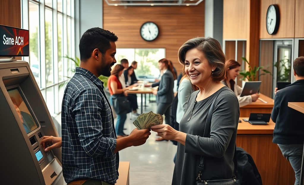 An illustration showing the concept of money being available on the same day through advanced banking technologies.