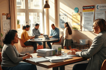 A diverse group of informal workers discussing financial options for securing loans.