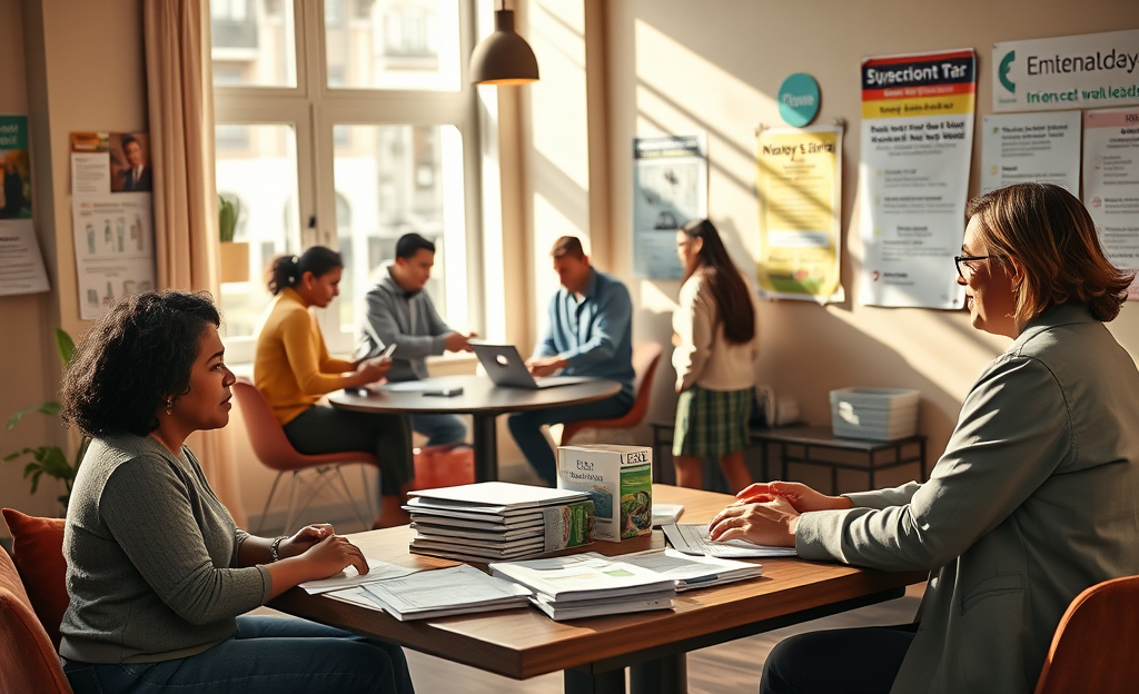 A diverse group of informal workers discussing financial options for securing loans.