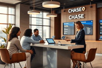 A modern bank office with a Chase Bank sign showing quick credit options.