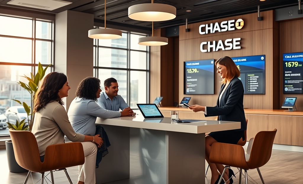 A modern bank office with a Chase Bank sign showing quick credit options.