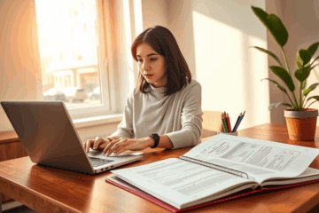 A freelancer working on a laptop with financial documents, symbolizing personal loan options at SoFi.
