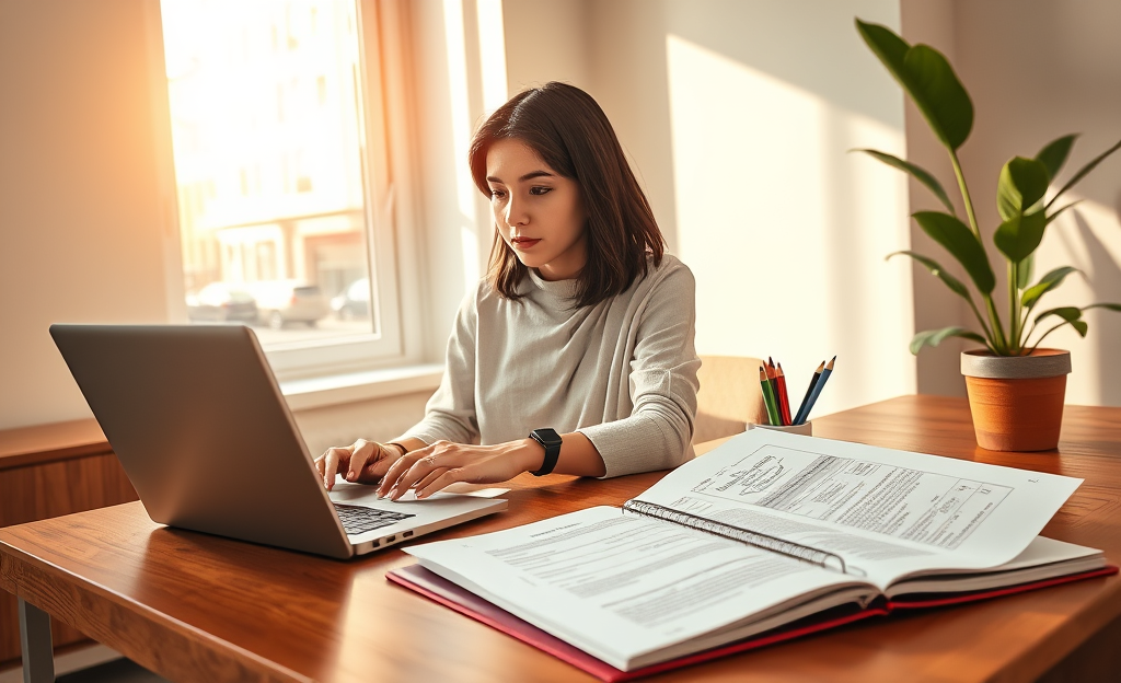 A freelancer working on a laptop with financial documents, symbolizing personal loan options at SoFi.