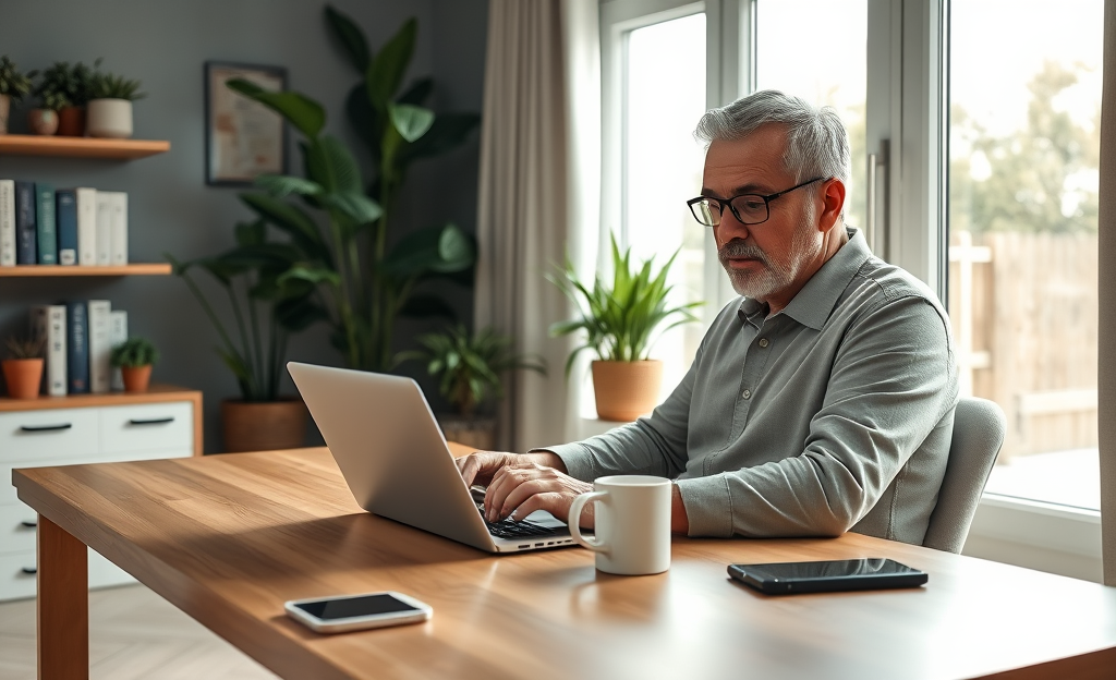 Person using a laptop at home to request credit report online.