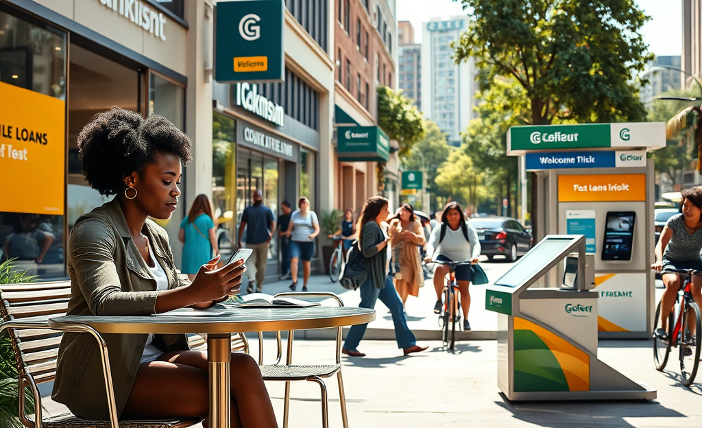 A diverse group of individuals discussing credit options in a modern setting.