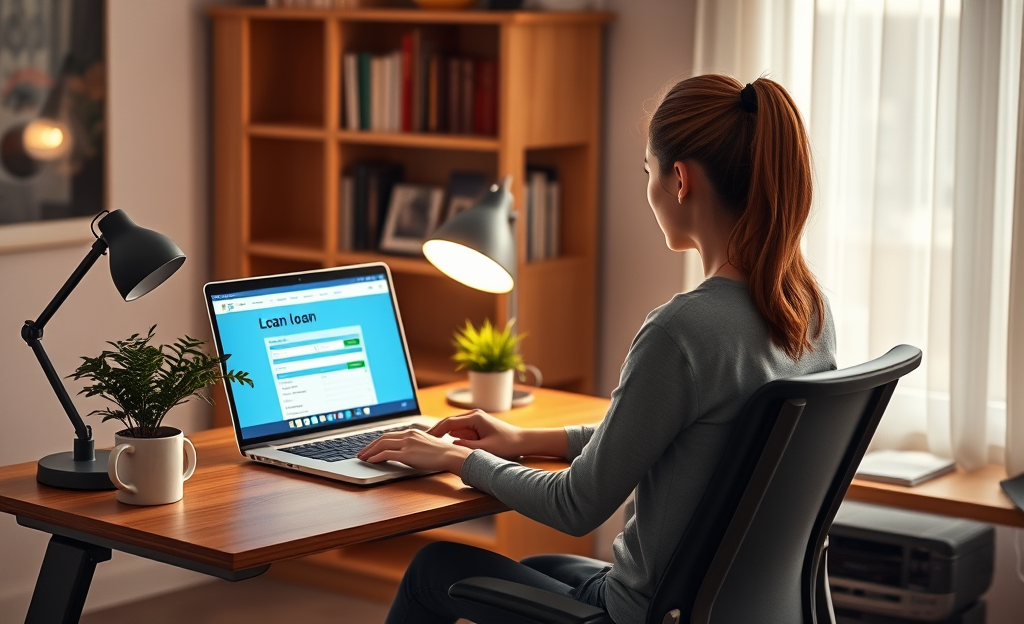 A person comfortably applying for a loan online at home.