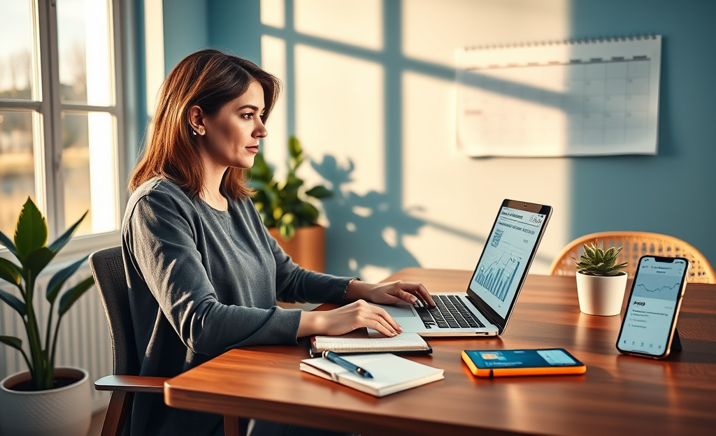 A freelancer working at a desk with financial documents and a laptop, exploring credit options tailored for their needs.