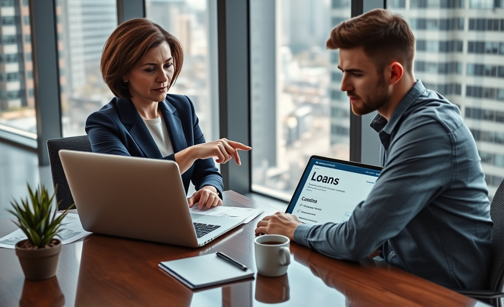 Illustration of a person reviewing loan options online in a fast and efficient manner.