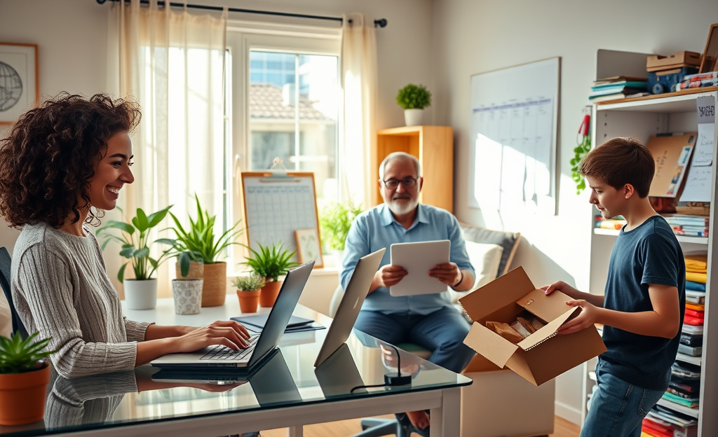 Illustration of various ways to earn extra money from home, such as freelancing and online surveys.