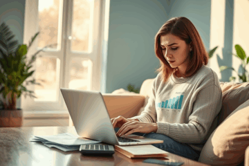 A person calculating finances with urgent bills and a laptop.