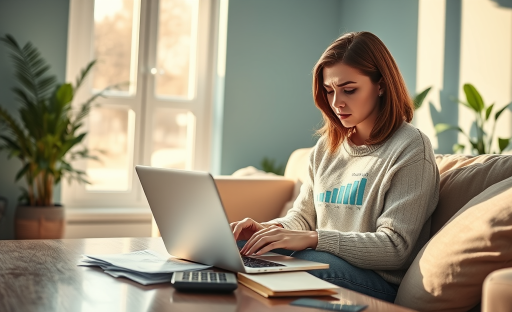A person calculating finances with urgent bills and a laptop.