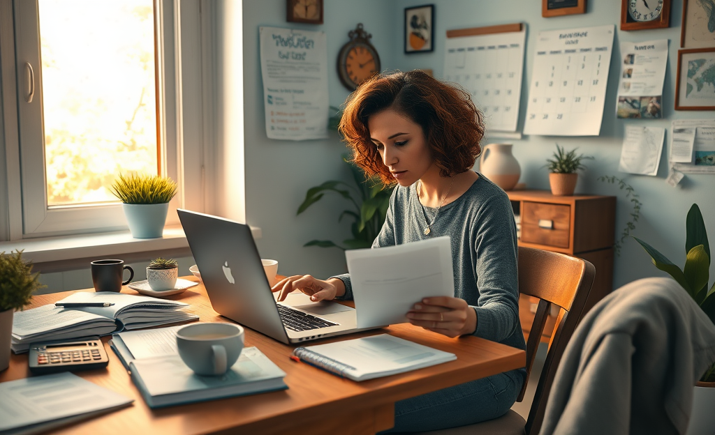 A freelancer working on a project with financial documents and a laptop.