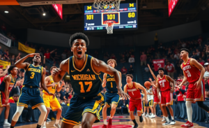 Morez Johnson Jr. scores while leading Michigan Wolverines in a dominant victory against Rutgers Scarlet Knights.