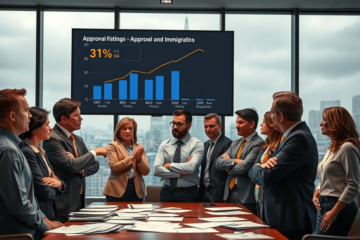 A graph showing the decline of the president's approval rating regarding the economy and immigration issues, highlighting potential repercussions for the upcoming elections.