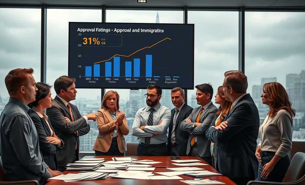 A graph showing the decline of the president's approval rating regarding the economy and immigration issues, highlighting potential repercussions for the upcoming elections.