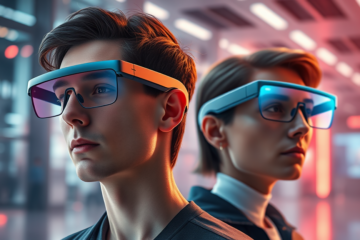 Relaunched smart glasses showcasing a sleek design and interaction with Google products, including the Gemini chatbot.