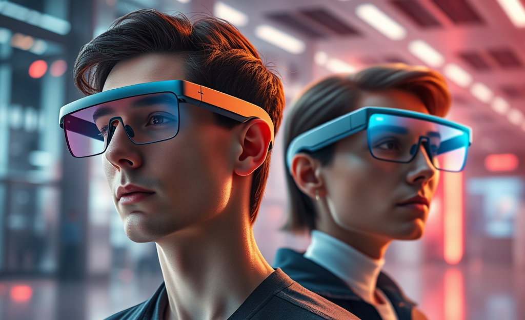 Relaunched smart glasses showcasing a sleek design and interaction with Google products, including the Gemini chatbot.