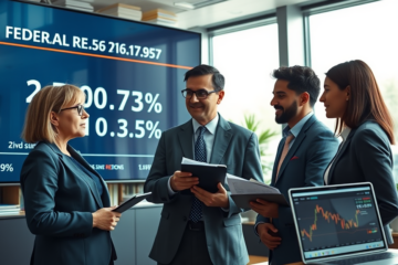 A representation of the Federal Reserve's interest rate decision and its effects on the economy.