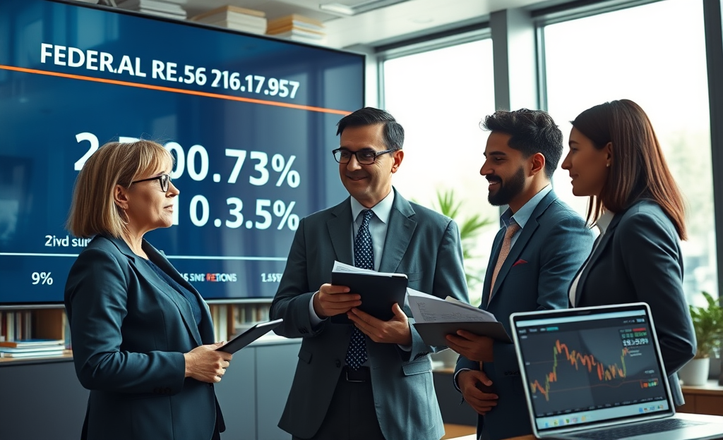 A representation of the Federal Reserve's interest rate decision and its effects on the economy.