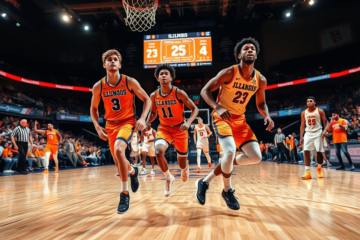 Illinois players celebrate after defeating Tennessee in a thrilling basketball match, ending their losing streak.