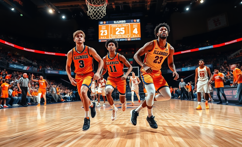 Illinois players celebrate after defeating Tennessee in a thrilling basketball match, ending their losing streak.