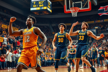 University of Michigan men's basketball team celebrating their victory over Rutgers with a final score of 101 to 60.
