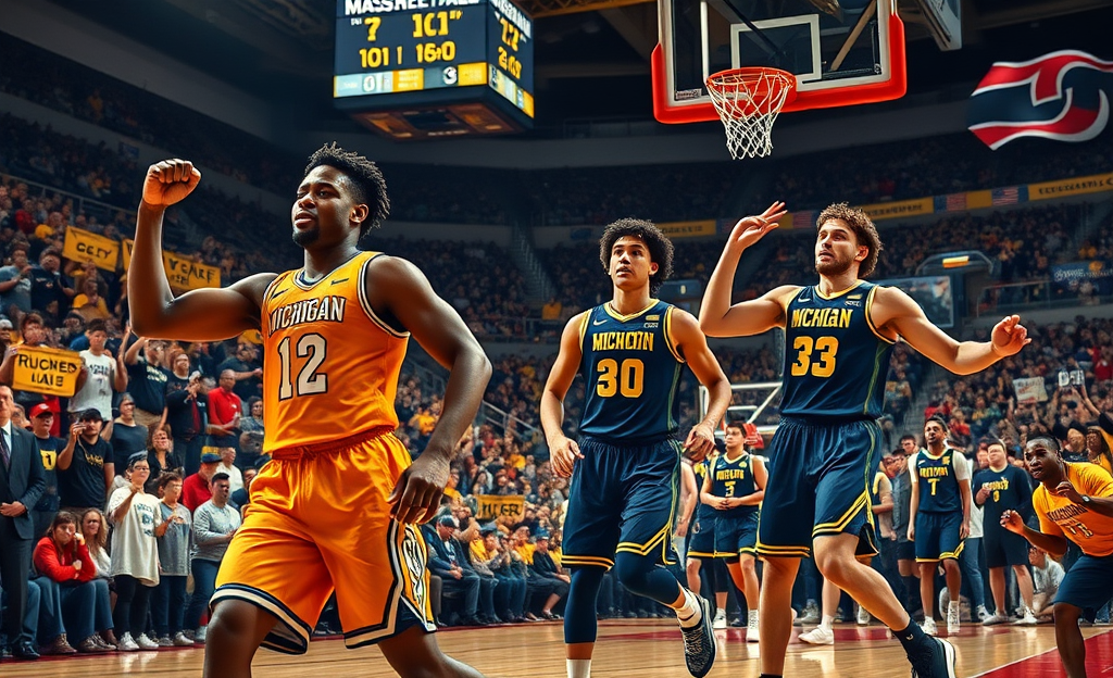 University of Michigan men's basketball team celebrating their victory over Rutgers with a final score of 101 to 60.