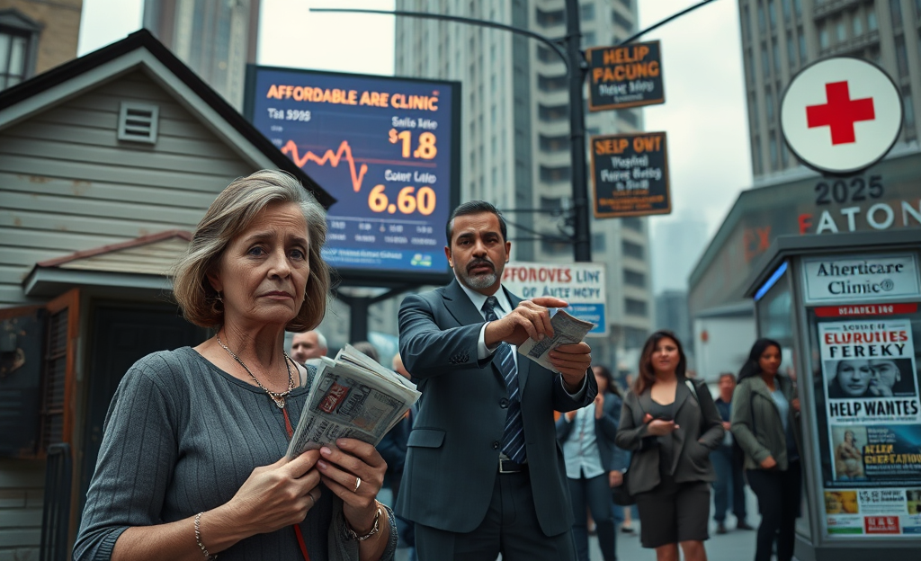 Image depicting the struggles of Americans with economic challenges, including housing and healthcare issues.