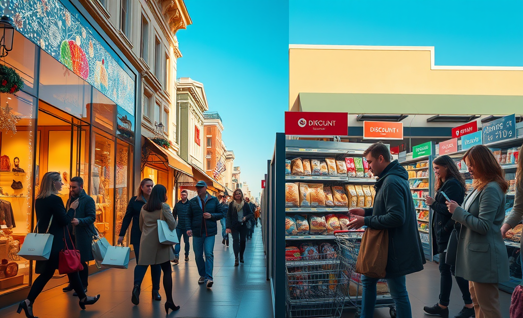 A visual representation of economic disparity showcasing luxury shopping contrasts with budget-conscious consumers during the holiday season.