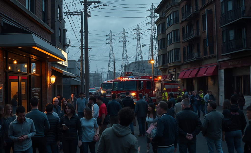 Image depicting the aftermath of a major power outage, highlighting darkened streets and closed shops.