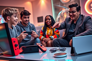 A futuristic representation of diverse technology innovations showcasing user experience, including gaming consoles, smart glasses, and foldable smartphones.