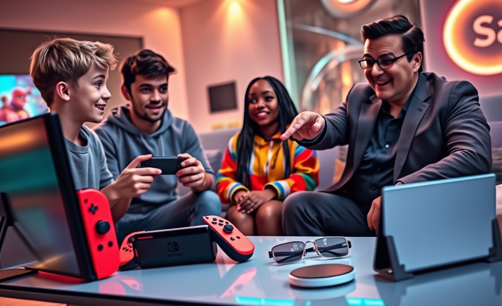 A futuristic representation of diverse technology innovations showcasing user experience, including gaming consoles, smart glasses, and foldable smartphones.