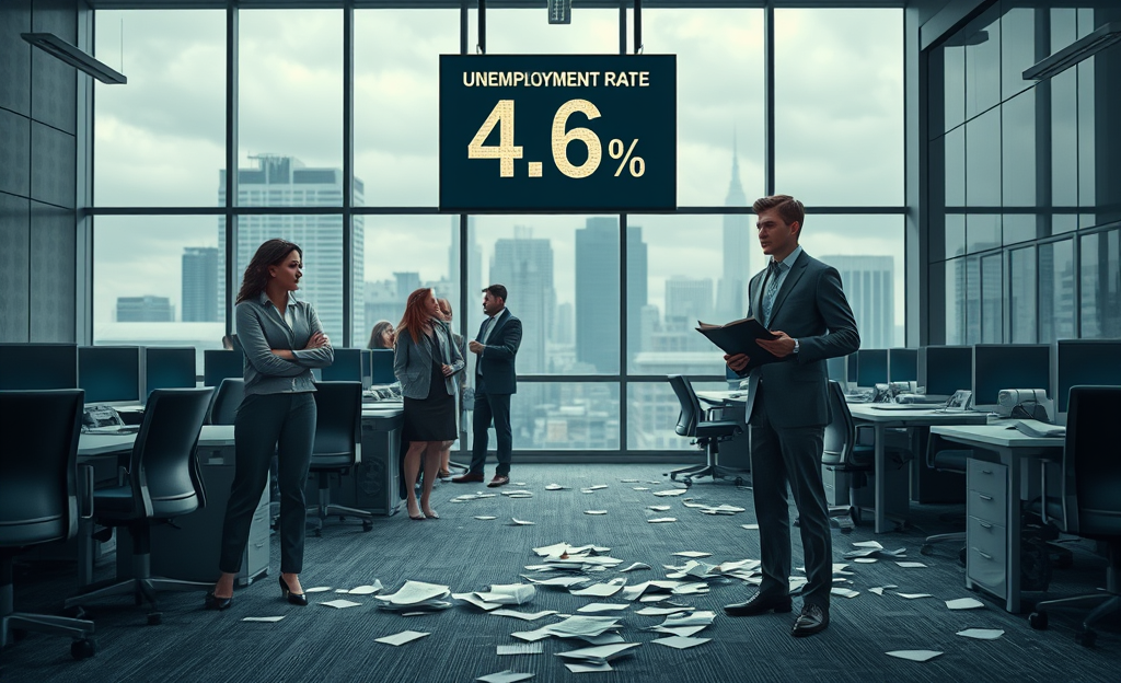 An infographic illustrating the rising unemployment rate and significant layoffs across major companies in 2025.