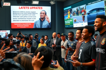 An illustration depicting the political landscape of Brazil, highlighting the key figures and events surrounding Bolsonaro's defense and Lula's achievements.