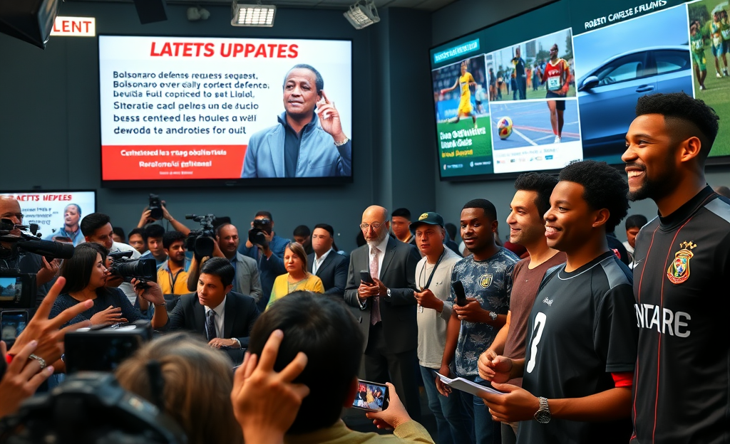 An illustration depicting the political landscape of Brazil, highlighting the key figures and events surrounding Bolsonaro's defense and Lula's achievements.