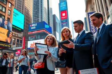 A view of Wall Street with financial graphs indicating a positive stock forecast.